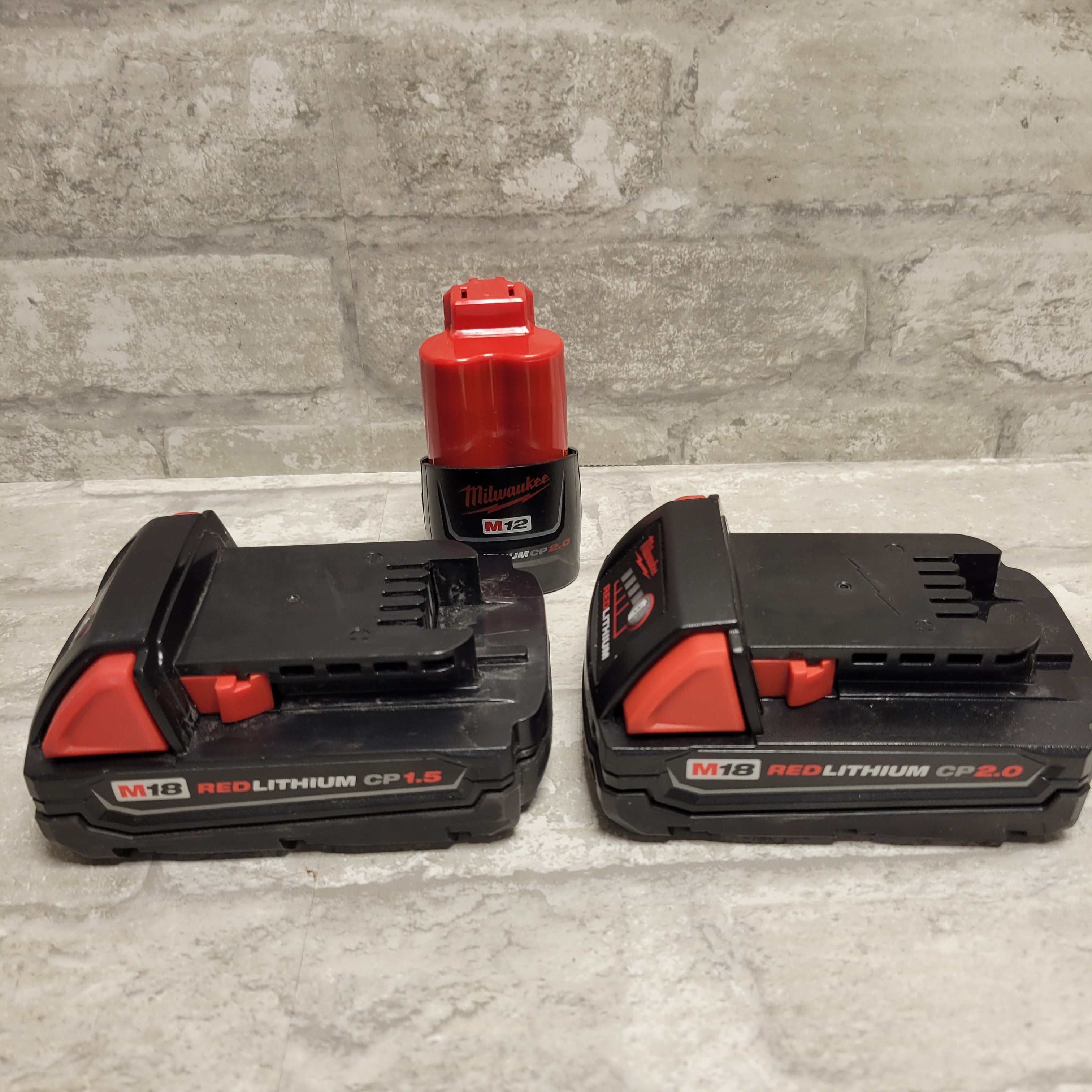 Milwaukee Batteries (1) M18 1.5Ah, (1) M18 2.0Ah, and (1) M12 2.0Ah (8152316477678)